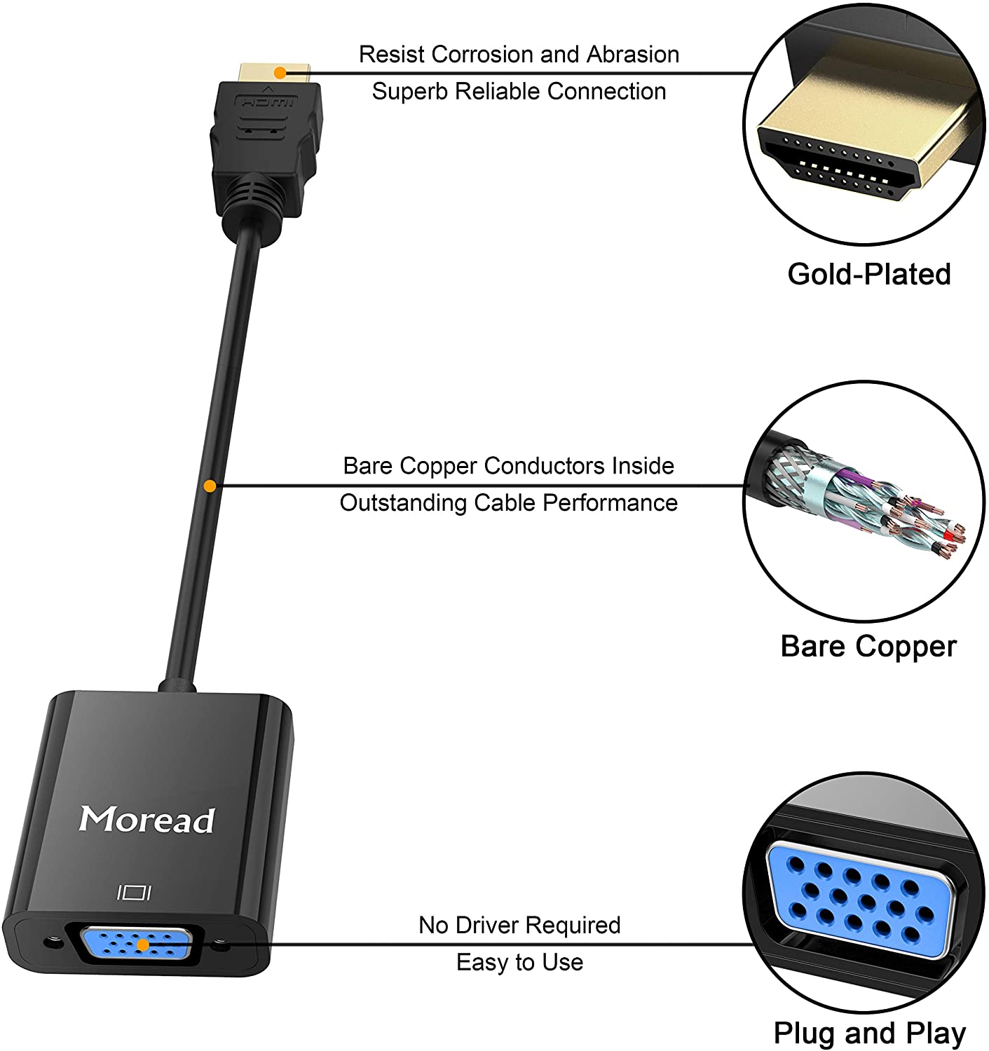 HDMI to VGA, 5 Pack, Moread Gold-Plated HDMI to VGA Adapter (Male to Female) for Computer, Desktop, Laptop, PC, Monitor, Projector, HDTV, Chromebook, Raspberry Pi, Roku, Xbox and More - Black HDMI to VGA, 5 Pack, Moread Gold-Plated HDMI to VGA Adapter (Male to Female) for Computer, Desktop, Laptop, PC, Monitor, Projector, HDTV, Chromebook, Raspberry Pi, Roku, Xbox and More - Black